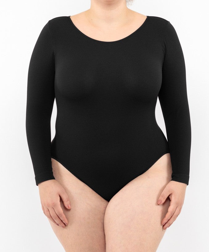  Body Curvy Costina Manica Lunga Nero Indossato Taglie Forti | Leela Lab