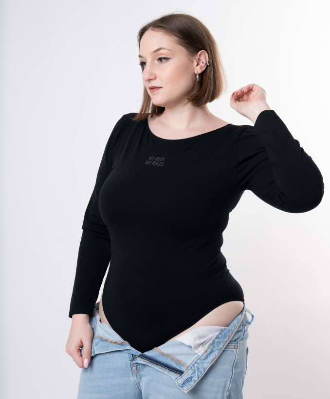 Dettaglio Body Seamless Manica Lunga My Body My Rules Nero Curvy | Leela Lab