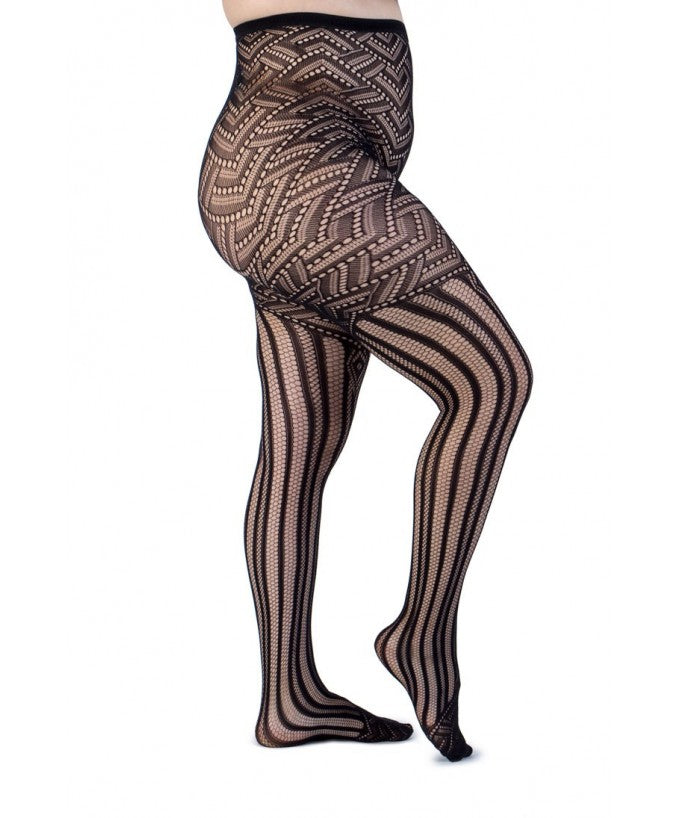 Collant a Rete Lines & Chevron Nero Curvy per Taglie Forti | Leela Lab
